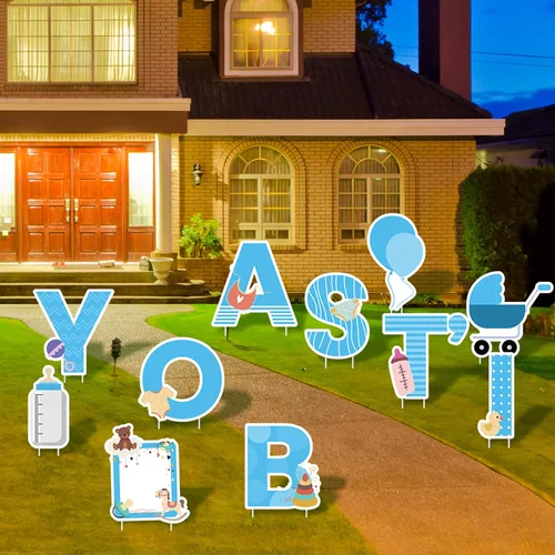 Vista 5 de Elcoho 11 carteles azules con estacas con texto en inglés "IT'S A Boy", incluye letras, globo, biberón, letrero para chupete de bebé para decoración
