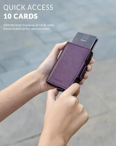 Vista 2 de VULKIT Tarjetero de crédito con bloqueo RFID de cuero automático billetera desplegable delgada con clip para dinero funda doble para tarjetas
