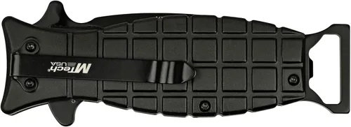 Vista 2 de MTECH USA Cuchillo plegable - Hoja de acero inoxidable negro, mango estilo granada de aluminio negro con abrebotellas y clip de bolsillo, EDC