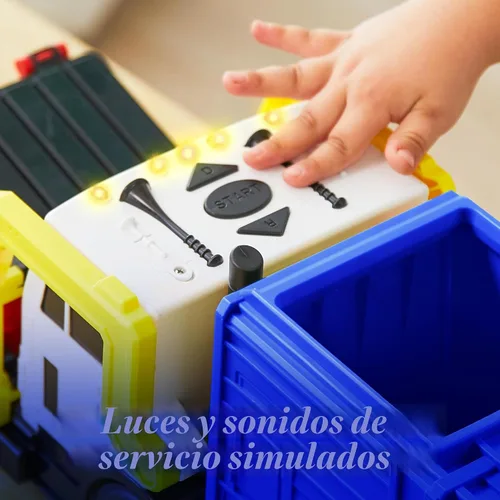 Vista 2 de JOYIN Juego de juguetes de camión de basura de fricción grande, incluye 1 contenedor, 3 cubos de basura y 30 tarjetas de aprendizaje para niños, Azul