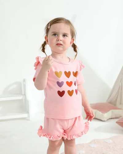 Vista 2 de Mioglrie Ropa para bebé niña con volantes y pantalones cortos, conjunto de ropa para niñas pequeñas