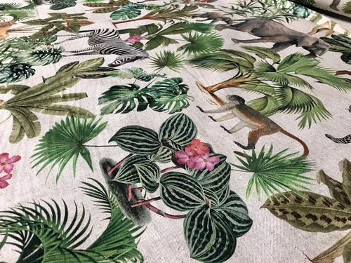 Vista 6 de Safari Zoo - Tela con estampado digital de animales africanos, selva tropical, palmera, hoja de flores, aspecto de lino, 54 pulgadas de ancho