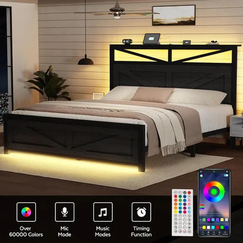 Vista 5 de Marco de cama rústico de tamaño completo con cabecera de puerta de granero y almacenamiento, marco de cama LED estilo granja de tamaño completo
