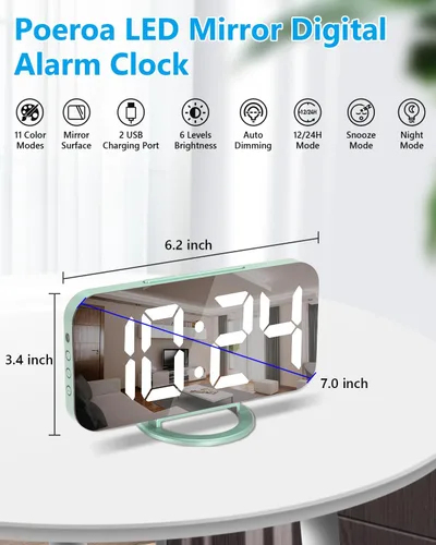 Vista 2 de Reloj despertador para dormitorio, reloj digital con espejo LED de 7 pulgadas, pantalla grande, con 2 puertos de carga USB, atenuador automático
