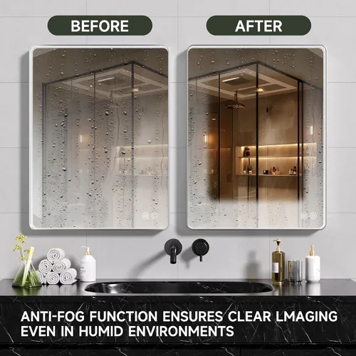 Vista 4 de Espejo de baño LED de 20 x 28 pulgadas con luces, marco plateado rectangular redondeado con diseño de tira de luz incrustada, 3 colores y regulable