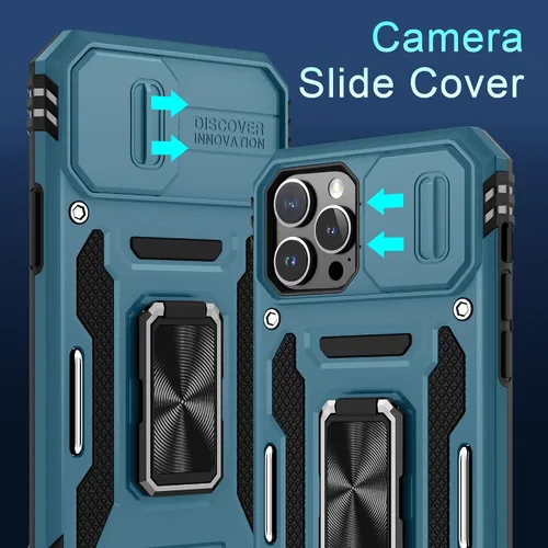 Vista 300 de DEERLAMN Funda para iPhone Xs Max con funda deslizante para cámara + protector de pantalla, soporte giratorio de anillo de grado militar a prueba