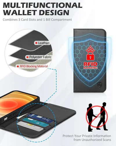 Vista 3 de SHIELDON Funda para iPhone 12/12 Pro 5G, Funda Tipo Billetera de Piel Auténtica con Bloqueo RFID Magnético, Soporte para Tarjetas de Crédito