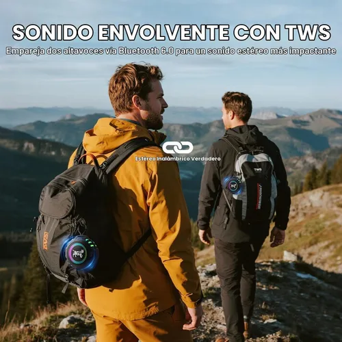 Vista 5 de Altavoz Bluetooth portátil inalámbrico Oudoor con IPX6 impermeable y luz Negro