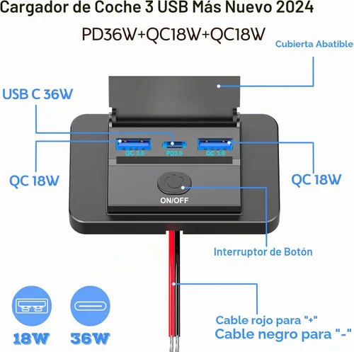 Vista 2 de 72W 12V Panel de salida USB de montaje en pared, cargador de puerto USB de coche de 36W USB C y doble QC 3.0 de 18W con interruptor de botón, salida