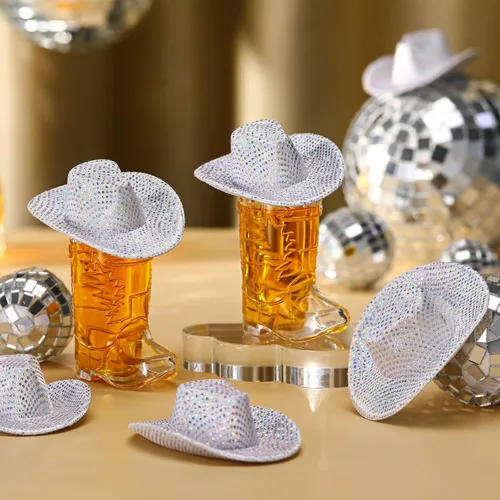 Vista 5 de Vesici 30 piezas de mini sombrero de vaquera occidental botas de tiro de vaquera diminuta vaquera con purpurina lentejuelas plata sombrero