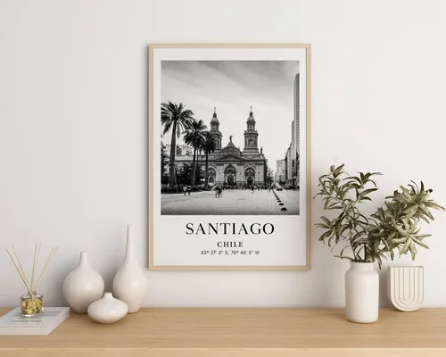 Vista 4 de Cartel de Santiago, foto de Santiago, foto de Chile, fotografía de América del Sur, Ciudades del mundo en blanco y negro, póster de viaje