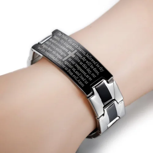 Vista 3 de Flongo Pulsera vintage de acero inoxidable para hombre, con cruz negra, con texto en inglés