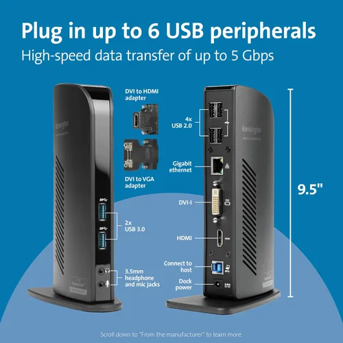 Vista 2 de Kensington Estación de acoplamiento de doble pantalla USB 3.0 para MacBooks, Windows y Surface (K33972US)