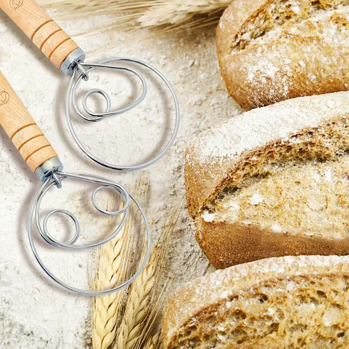 Vista 7 de Juego de batidor de masa danés y pan cojo para panaderos - Herramientas para hacer pastelería y pan - Batidor de harina con mango de madera de 13.5