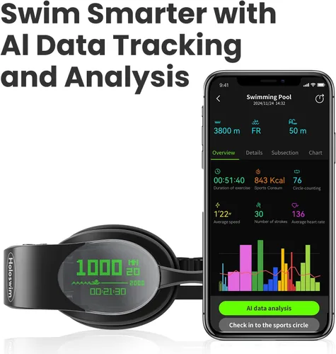 Vista 2 de Holoswim Gafas de natación inteligentes 2PRO, visualización en tiempo real AR, seguimiento de datos y planes de entrenamiento, gafas de natación