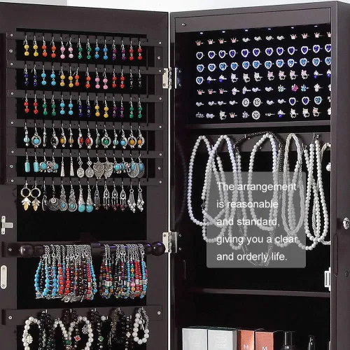 Vista 9 de GISSAR Organizador de joyas de cuerpo entero con espejo, armario de joyería de pie o montado en la pared, almacenamiento con luces, color marrón