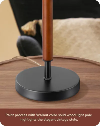 Vista 4 de EDISHINE Lámpara de mesa de mediados de siglo, lámpara de noche con interruptor de cadena con pantalla de lino, poste de madera maciza y base