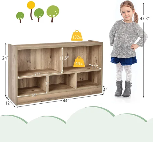 Vista 21 de MEDIMALL Organizador de almacenamiento de juguetes para niños de 5 cubos, estante de almacenamiento de madera de 2 niveles para libros y juguetes