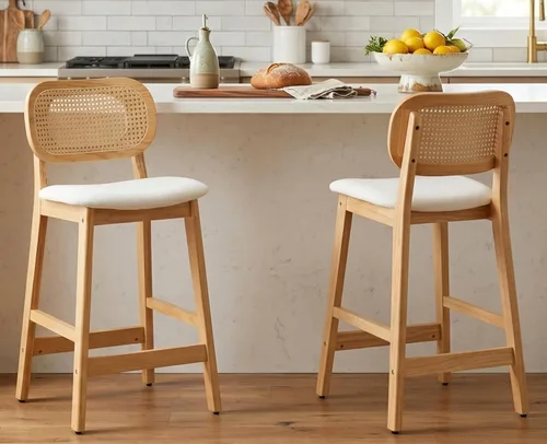 Vista 17 de ROCITY - Juego de 2 taburetes de ratán negro, taburetes de bar de madera de granja, taburetes de bar tapizados, sillas de isla de cocina
