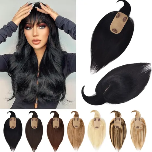 Vista 17 de Toppers de cabello humano real para mujeres con cabello delgado, 6 pulgadas, marrón oscuro