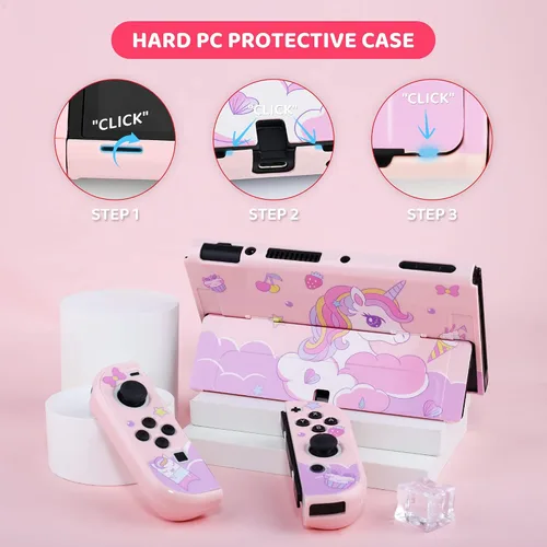 Vista 4 de RHOTALL Lindo juego de funda de transporte de unicornio para Nintendo Switch OLED, funda de almacenamiento rosa para Switch OLED y accesorios
