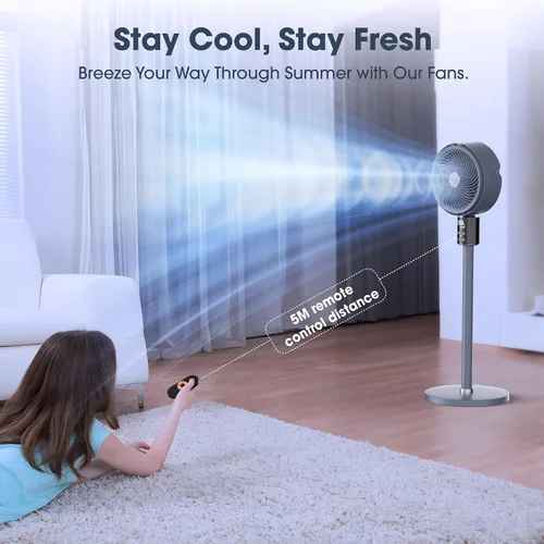 Vista 5 de Ventilador de pie oscilante CirculAir de 100ft para dormitorio, ventilador de pedestal de pie silencioso con altura ajustable de 17"-37.8", motor