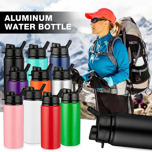 Vista 4 de Shellwei 10 botellas de agua de aluminio de 17 onzas reutilizables con tapas a presión, botella de agua de metal, ligera, portátil, botella de agua
