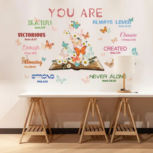 Vista 3 de SUPERDANT Calcomanías de pared con texto bíblico, diseño de mariposas, libro de mariposas, calcomanías de pared con texto en inglés "You are