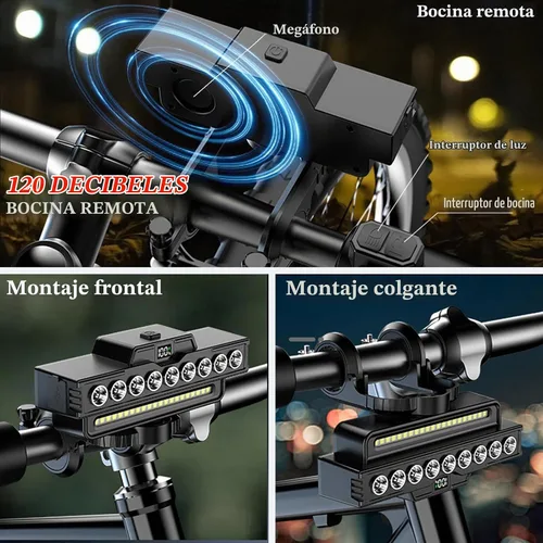 Vista 5 de Faro de bicicleta recargable impermeable con bocina, 9 LED y 7 modos, IPX5 impermeable, batería de larga duración con pantalla de alimentación