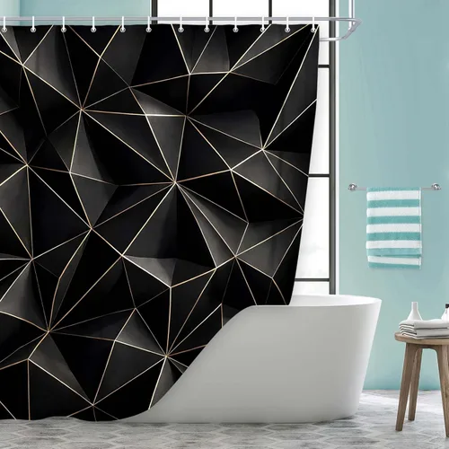 Vista 2 de JAWO Cortina de ducha geométrica negra y dorada, moderna cortina de baño de textura poligonal abstracta, cortina de baño de tela impermeable, 6