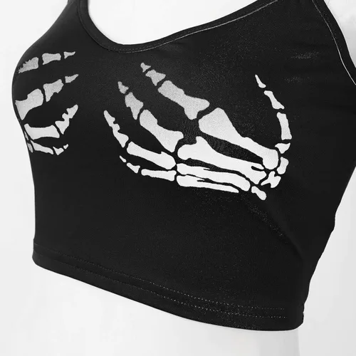 Vista 7 de MSemis Camiseta sin mangas con diseño de calavera y estampado a mano, con tirantes delgados, para mujer