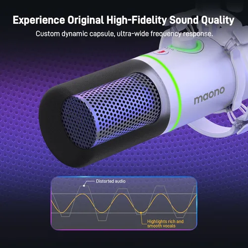 Vista 2 de MAONO Kit de micrófono dinámico XLR/USB, micrófono de podcast RGB con software, silencio, perilla de ganancia, control de volumen, brazo de brazo