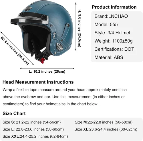 Vista 7 de Casco de cuero hecho a mano con cara abierta 3/4, estilo retro, vintage, aprobado por DOT, medio casco para adultos, para hombres y mujeres