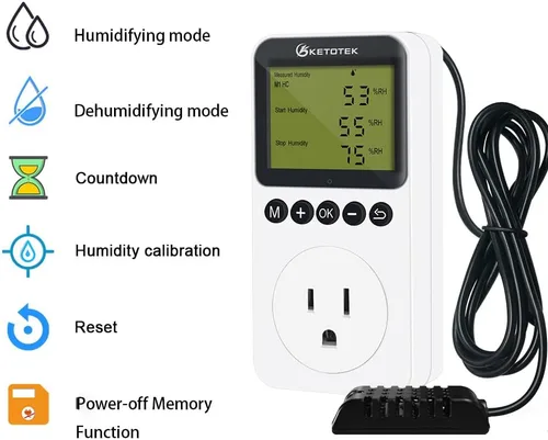 Vista 2 de KETOTEK Enchufe de salida digital de controlador de humedad con sonda de sensor, enchufe controlador de humidistato de 120 V para invernadero
