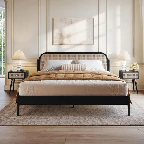 Vista 11 de Bme Aurelia - Marco de cama con cabecero tamaño Queen, madera de acacia sólida, estilo bohemio y moderno de mediados de siglo, cabecero de ratán