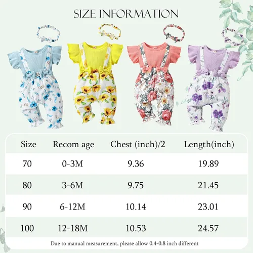 Vista 5 de ROSEBEAR Baby Girl Clothes Romper Jumpsuit Newborn Short Sleeve Ruffle Floral Suspender Pants Headband Summer Infant Outfit