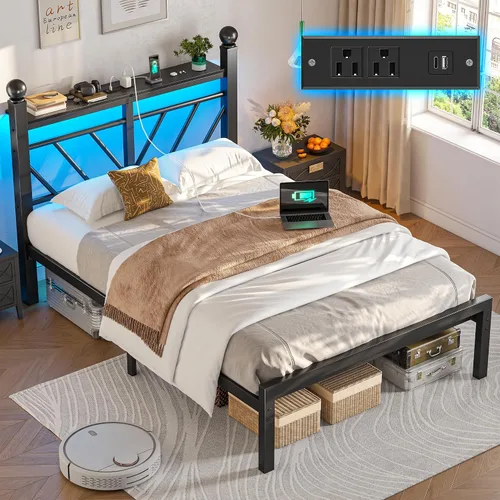 Vista 28 de Homkdom - Marco de cama de metal individual con luces LED y cabecero victoriano Negro