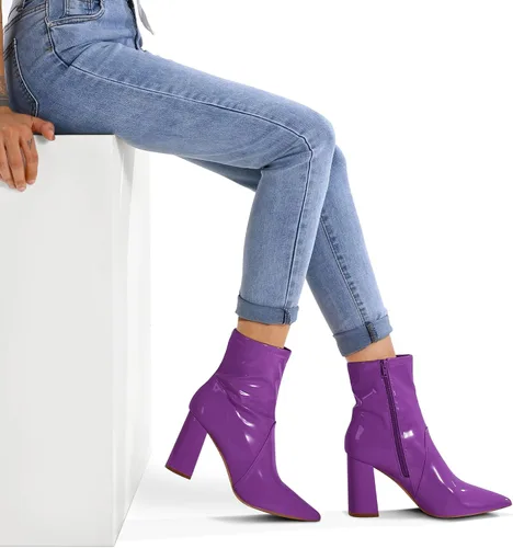 Vista 4 de mysoft Botas GoGo de tacón de bloque para mujer, botines puntiagudos, de piel de charol con cremallera lateral