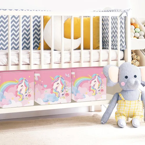 Vista 4 de Clastyle Juego de cestas de almacenamiento plegables de unicornio rosa para niños, organizador de ropa, cuarto de bebé, juguetes para niñas, estante