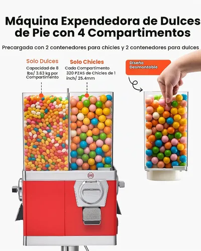Vista 2 de VEVOR Máquina expendedora de dulces, máquina expendedora de dulces de cuatro compartimentos con soporte, máquinas expendedoras de chicles
