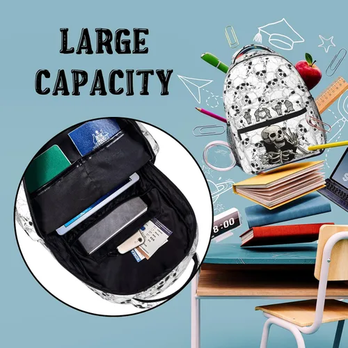 Vista 5 de VIPOIN Mochila para niños, esqueletos de calavera de rock and roll, mochila de Halloween para niños para viajes escolares y actividades al aire