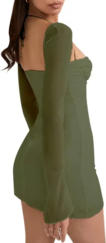 Vista 5 de hibshaby - Vestido sexi ajustado para mujer, mangas abullonadas, para cóctel, fiesta de noche, vestidos cortos elegantes