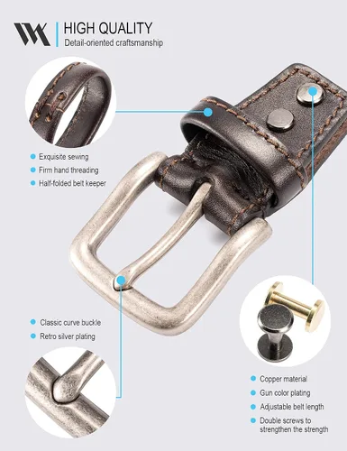Vista 4 de WOLFANT Cinturón casual de cuero de grano completo para jeans, cinturón de trabajo 100% italiano de cuero sólido