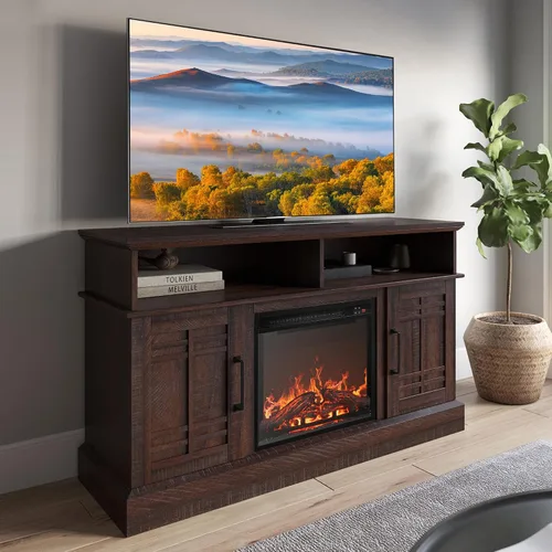 Vista 13 de BELLEZE Mueble TV, 48 pulgadas, con chimenea eléctrica funcional de 18 pulgadas, moderno, para TV de máx. 50 pulgadas, estantes abiertos y armarios