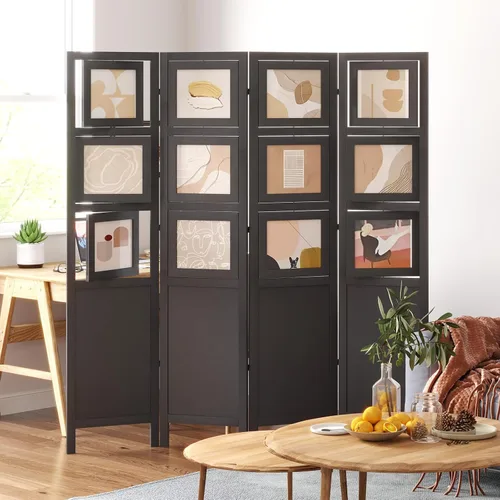 Vista 2 de Divisor de habitación para fotos de 4 paneles, pantalla de privacidad plegable independiente y decorativo con 16 marcos para oficina en casa (negro)