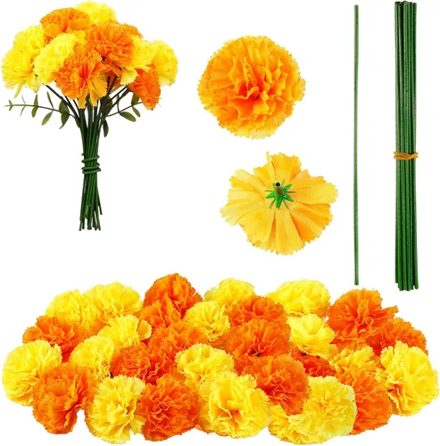 Vista 11 de Waydress 20 piezas de caléndula artificial ramo de flores artificiales de caléndula con tallo para fiesta de cumpleaños, decoración de fiesta
