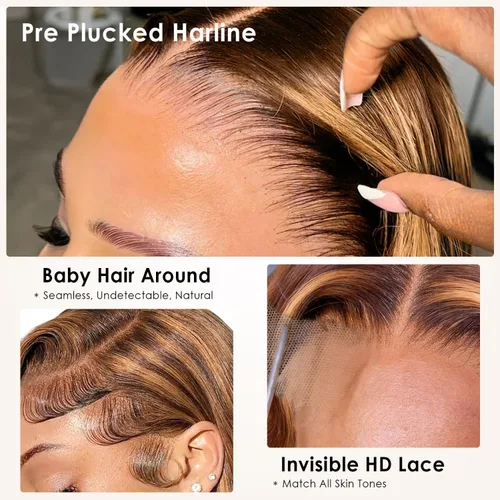 Vista 3 de Pizazz Honey Blonde Lace Front Wigs Human Hair Pre Plucked Natural Hairline 13x4 Glueless Wigs Human Hair 180 Density 4/27 Highlight Body Wave