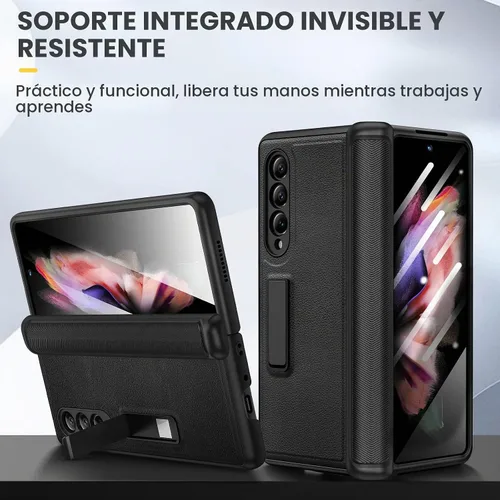 Vista 5 de Ruky - Carcasa para Samsung Galaxy Z Fold 3, color negro Magnetic Kickstand, Hinge Protection, Built-in Screen Protector PU Leather Stand Case for