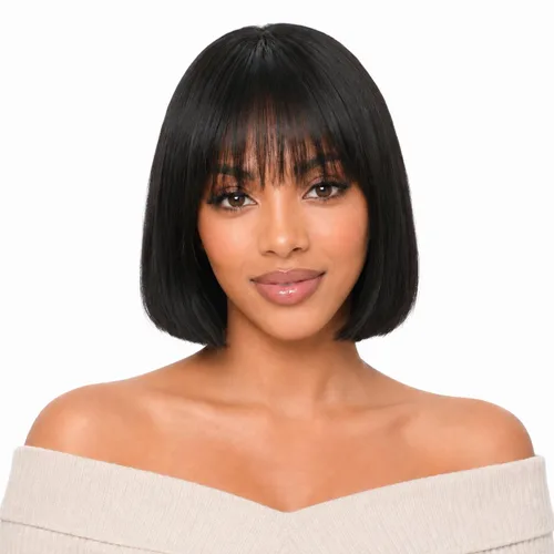 Vista 16 de Peluca de cabello humano lacio rubio 613 de 15 pulgadas con flequillo, sin pegamento, sin encaje frontal, Yaki Bob para mujer