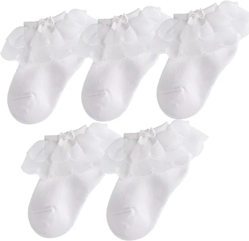 Vista 2 de Looching Calcetines de encaje con volantes para niñas pequeñas, de algodón, con volantes, con lazo, paquete de 5